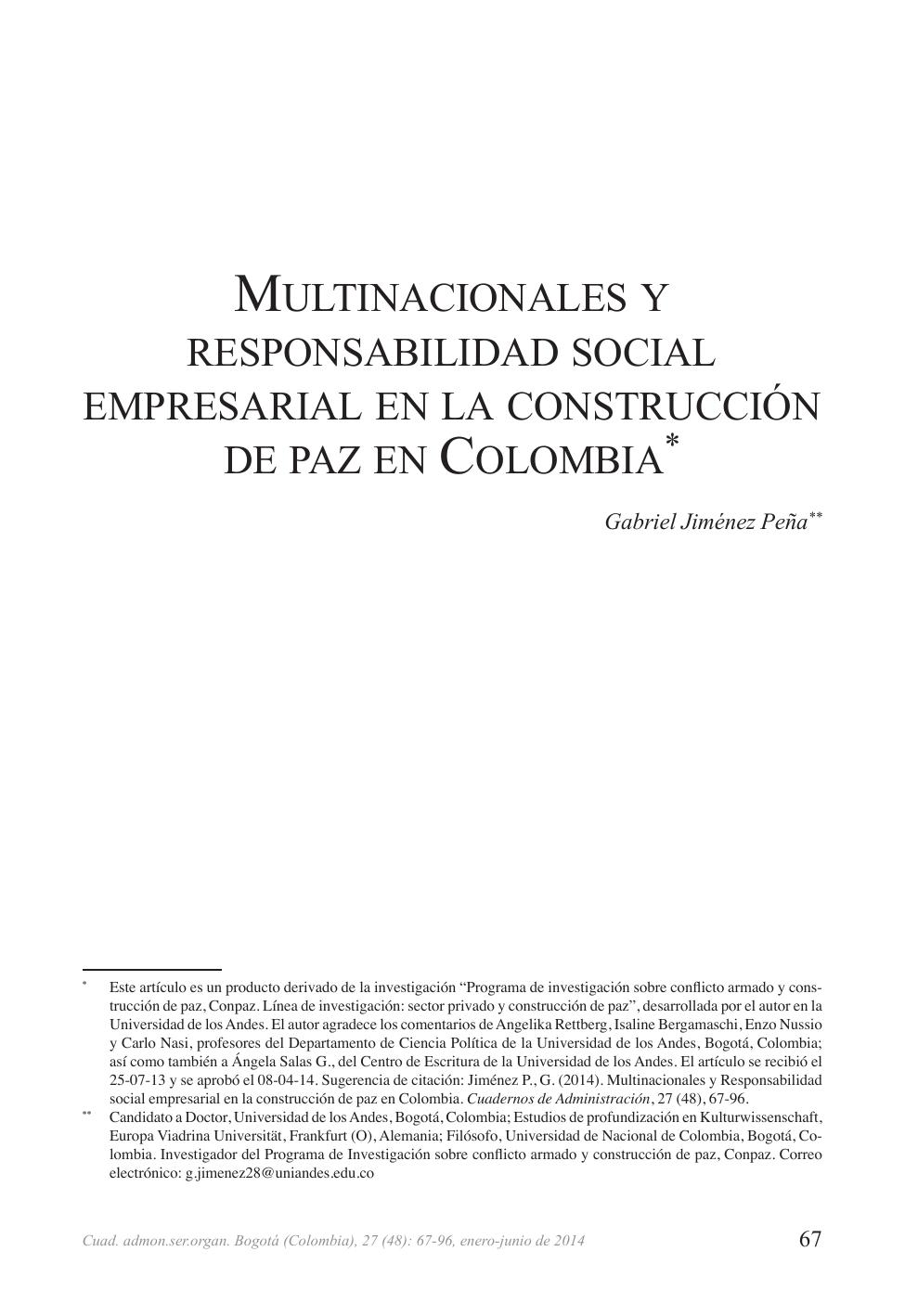 Multinacionales y responsabilidad social enpresarial en la construccion de paz en Colombia